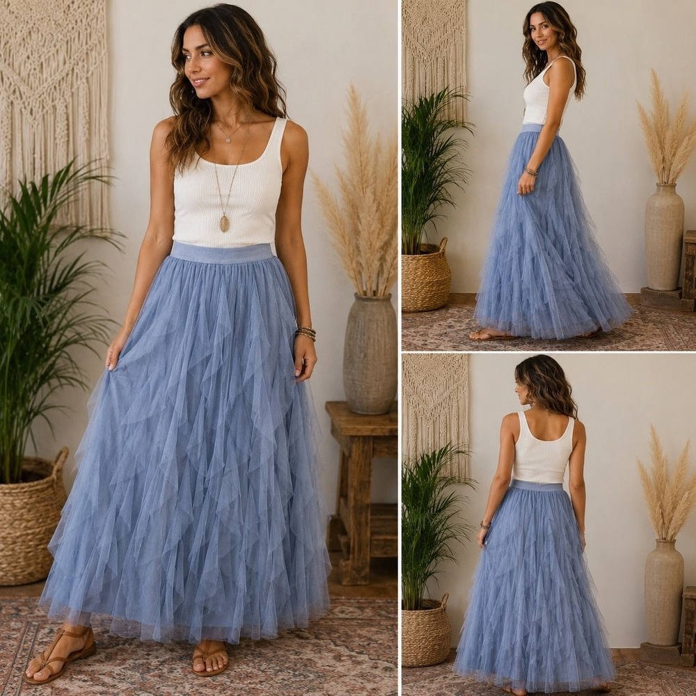 M 39 SOHO Apparel DustyBlue Layered Tulle Maxi Skirt Boho Fairycore Romantic NWT